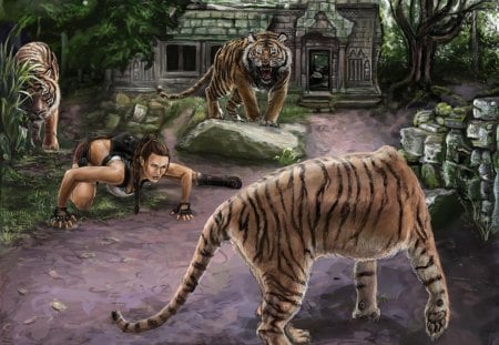 Lara VS Tigers - tomb raider, games, animals, video games, lara croft, tigers