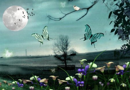 Night Butterflies - papillon, trees, gate, birds, mystical, night, fleurs, magical, flowers, fantasy, cattle, butterfly, field, country, full moon, sky