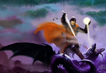 CabralCiruelo_TheDeathoftheSerpentDragon. - dragon, purple, orbs, trees