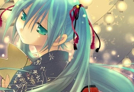 Hatsune Miku - aqua, hot, mask, music, japanese, anime girl, white, face, amazing, art, cool, aqua eyes, kimono, expressionless, artistic, hatsune miku, sexy, light, song, stunning, vocaloids, program, glow, vocaloid, beautiful, yukata, diva, festival, beauty, nice, twintail, singer, aqua hair, black, virtual, pretty, idol, anime, miku, cute, twin tail, girl, cg, hatsune, blue, awesome, digital, japanese clothes