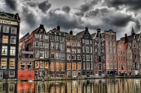 city facade at a canal hdr - clouds, canal, buildings, facade, hdr