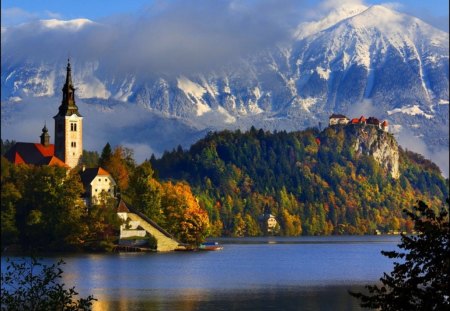 CASTLE ON SHORELINE FROM AFAR - gorheous, sky, castle, beautiful