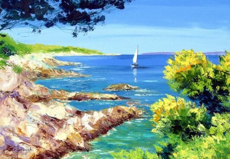 Sea Shore Painting - hills, blue, bushes, leaves, shore, land, lake, sky, clouds, paint, trees, water, colors, boats, white, nature, green, sailboat, painting, rocks