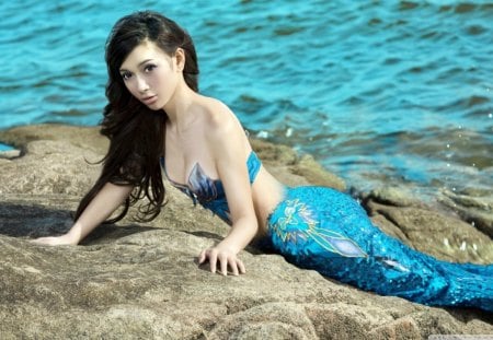 leah_dizon_mermaid - rocks, water, beauty, blue