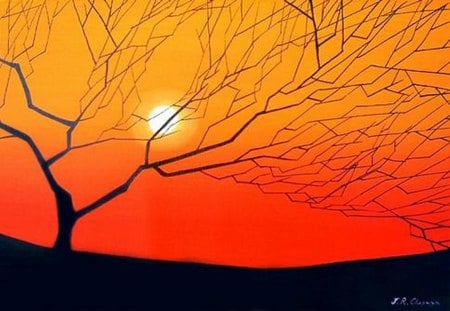 Branches against the sky - abstract tree, black, red, sun