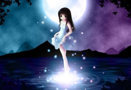 Moonlight - moon, water, glow, girl