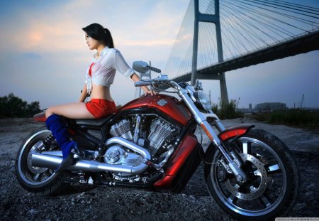 girl on a harley - girl, bike, grass, bridge