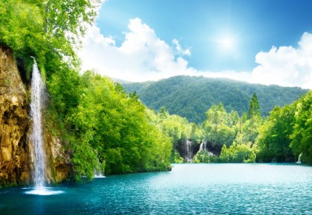 Deep Forest Waterfall - trees, waterfall, blue, green, sunshine, lake