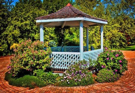 Spring gazebo - trees, summer, beautiful, bushes, spring, lovely, rest, stones, flowers, nature, garden, gazebo, nice, place, sky, park