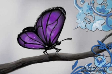 Fairytale flights - flowers, purple, butterfly, branch