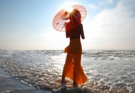 meet morning - beach, girl, pleasure, umbrella, sun