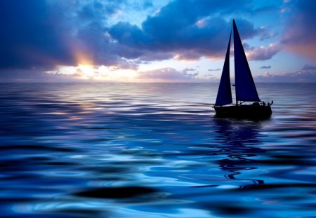 Morning Sail - clouds, sailboat, ocean, sun, sky