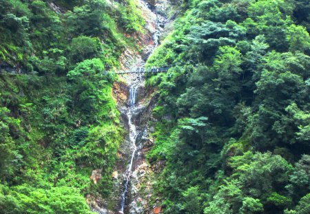 Suspension bridge and waterfalls - waterfalls, suspension bridge, mountain, mountain climbing