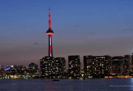 Toronto Harbour at Dusk - water, tower, buildings, lights