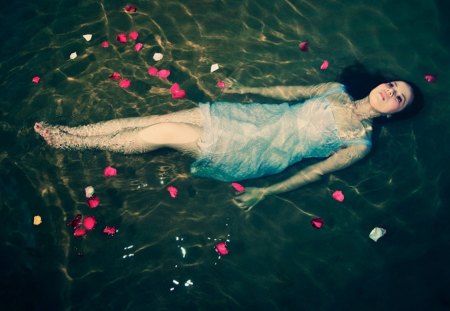 Water girl - water, girl, face, lovely girl, petals, body