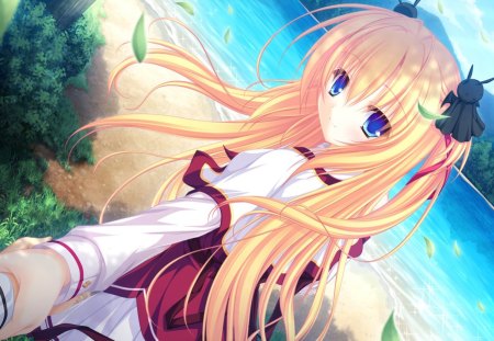 Sylvia Luna Infinitus - anime, anime girl, water, blue, beach, sea, forest, white, red, green, lunaris filia, sylvia luna infinitus