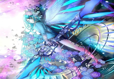 Angel Wings - short shorts, magic, flower hair, hot, angel, cool, flower, petals, long hair, angel wings, school uniform, blue hair, rose, weapon, sexy, blue eyes