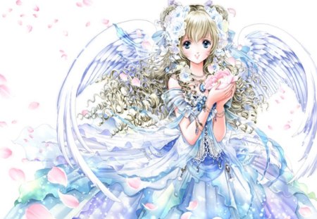 Angel - female, dress, angel, happy, blue eyes, hold flower, twin tails, anime girl, cherry blossom, hot, blush, blonde hair, cool, sweet, petals, wings, jewelry, cute, sexy