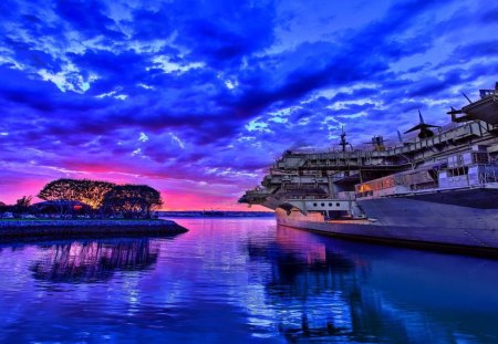 Aircraft carrier - aircraft, water, carrier, blue, boat, sea, sky