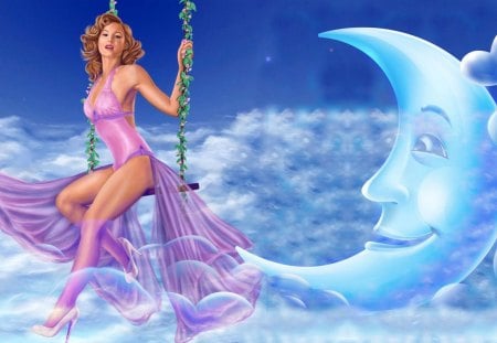 LADY SWING In The Moon Cloud - woman, moon, lady, sky, cartoon, white, star, purple, cloud, photoshop, blue