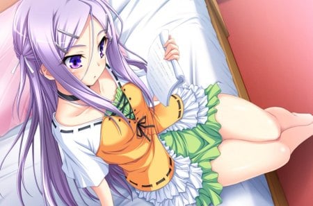 Shiawase kazoku - sitting, hot, female, anime girl, book, read, cool, cute, sexy, shiawase kazoku, long hair, purple hair, mikage amou, sweet, bedroom, blush, short shorts