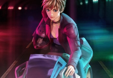 Deunan Knute - motorbike, motorcycle, anime, female, deunan knute, short hair, appleseed, helmet, blue eyes