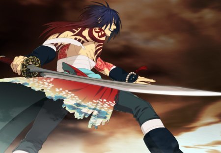 Koujaku - tattoo, anime, warrior, sword, male, blade, dramatical murder, koujaku, weapon