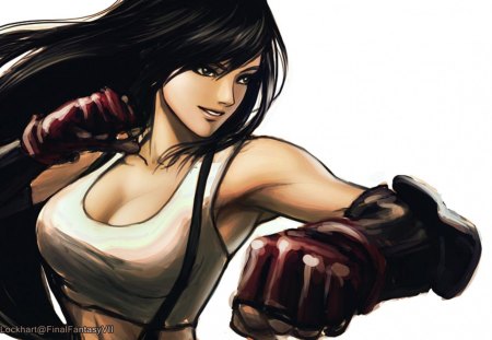 Tifa Lockhart - dissidia, plain background, female, black hair, final fantasy vii, white background, ff7, anime, tifa lockhart, long hair, final fantasy, tifa, final fantasy 7, gloves, games, video games, final fantasy series