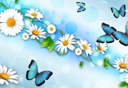 Daisies and Butterflies - bokeh, butterfy, daisy, dew, spring, petals, daisies, butterflies, papillon, fresh, summer, bright, abstract, floral, fleurs, blue, streamer, flowers, new