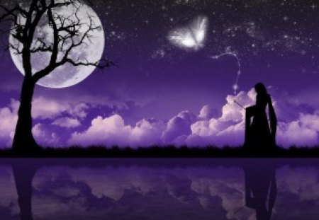 Violet magic - woman, moon, stars, silhouette, trees, magic, night, fantasy, violet, butterfly, purple, clouds