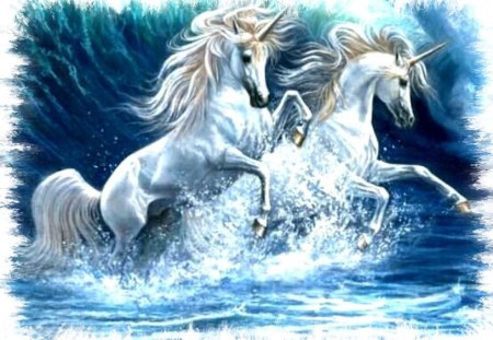 unicorns in the water!! - horn, ocean, surf, unicorns, water, wave, unicorn