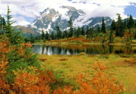 Mount Shuksan Washington  - autumn, lake, sky, landscape, mountain, trees, water, washington, nature, forest, clouds, snow, river, mount shuksan, grass, lanscape