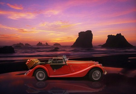 Beach MG - clouds, mg, autos, beach, sea, sunrise, ocean, sunset, automobiles, sky, rocks