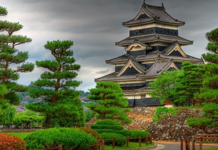 beautiful chinese pagoda hdr - clouds, trees, pagoda, wall