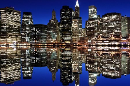 manhattan reflected at night - city, river reflection, lights, skyscrapers