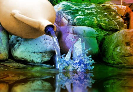 Small lake - flowers, ewer, boat, lake, stones, jug