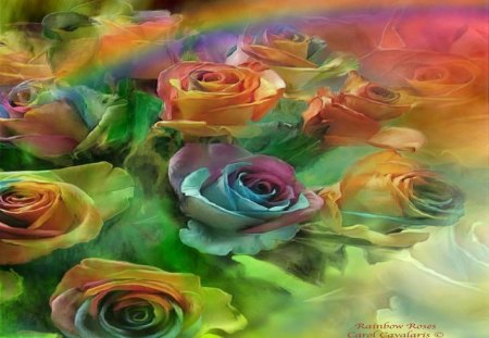 Rainbow_Roses - rainbow, flowers, petals, gold