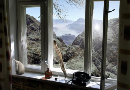 snowy mountain view through a window - snow, trees, phone, mountain