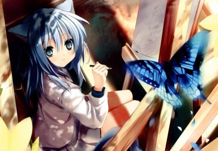 A daring point of view - cute, neko, anime, drawing, girl, eyes, blue, school, art, ears, butterfly, skirt, uniform, hair, painting