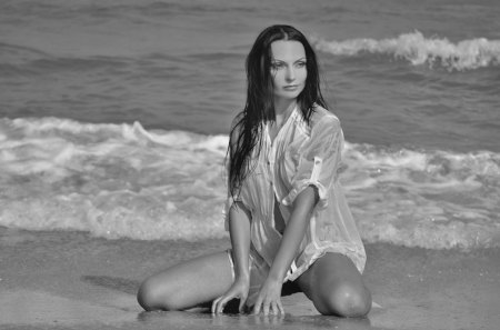 A Summer Day - woman, seaside, beautiful, summer, black and white, sea, relax