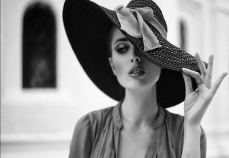 Lovers surprise - hat, female, beautiful, model, eye, black and white, love, destiny