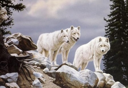 The Pack - wildlife, predator, white wolves, landscape, trees, pack, painting, nature, artwork, snow, pain, animal, grey wolves, puppies