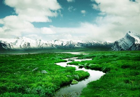 Mountain River - clouds, river, stream, grass, mountains, sky