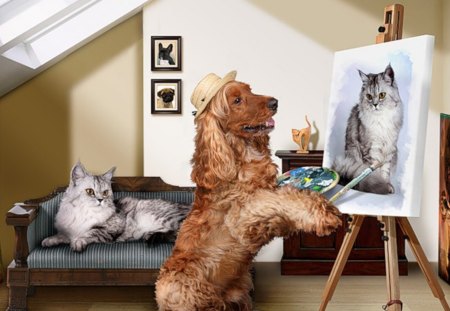 Dog Painting Cat - pets, nature, dogs, funny, painting, cats