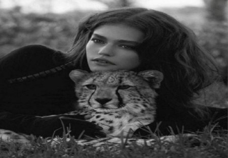 Ramya and her Guardian - cheetah, abstract, black, white, animal, girl