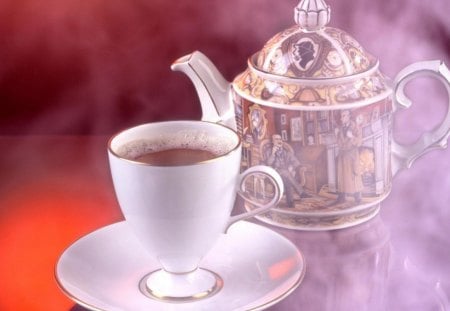 A cup of tea - good morning, teapot, drink, tea, sweet, plate, cup, a cup of tea