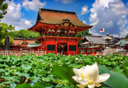 Japanese Paradise - clouds, lotus, beautiful, water lily, architecture, flowers, japan, nature, paradise, houses, sky, japanese