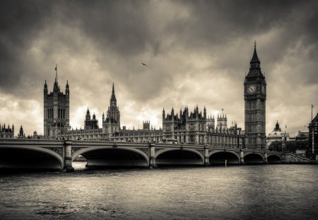 London - clouds, bridges, big ben, rivers, london, buildings, architecture, nature, black and white, thames, sky