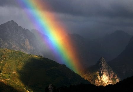 Rainbow - beauty, rainbow, sky, landscape, trees, peaceful, rain, mountains, lovely, nature, view, amazing, clouds, beautiful, splendor, tree