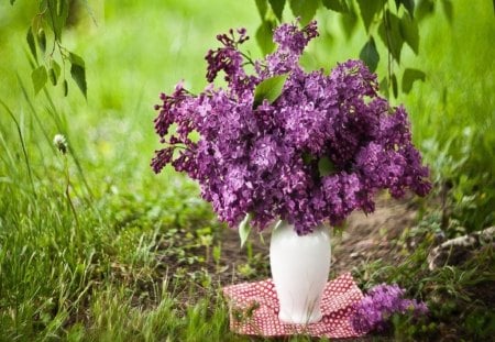 STILL LIFE IN THE GARDEN - trees, gardens, grass, bouquets, still life, vases, flowers, outdoors, purple, shade, posies